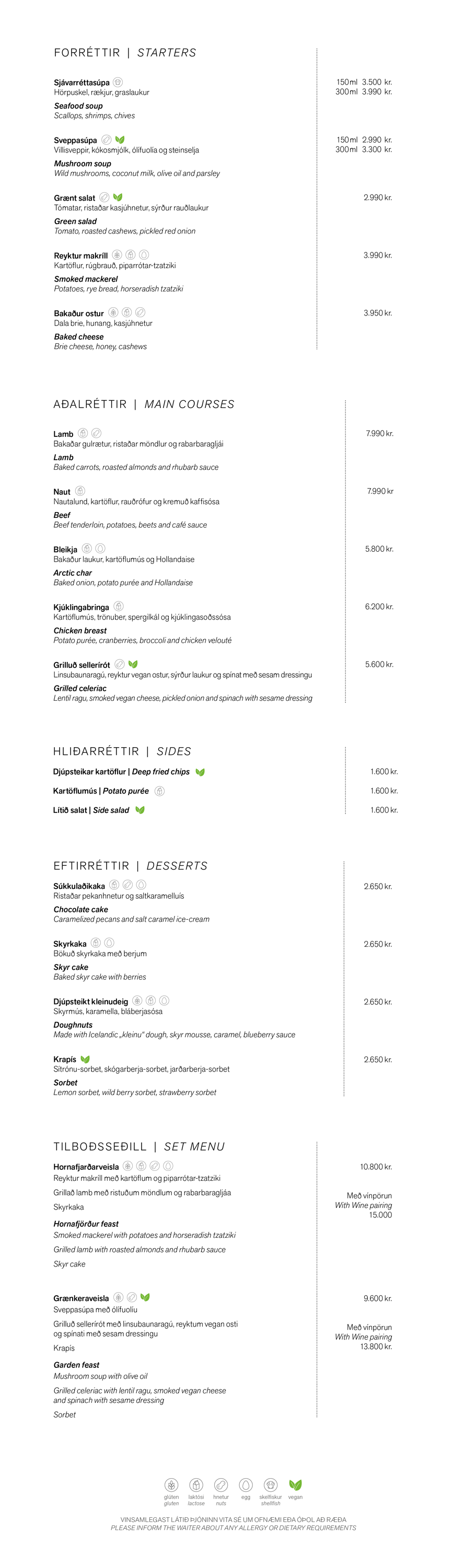 Dinner menu